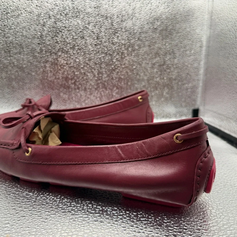 Size 8.5 Tory Burch Driving Loafers Womens Burgundy Excellent Leather Bow Logo